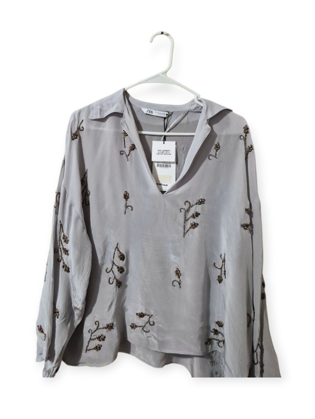 Zara Light Gray Embellished Limitwd Edition Label Collar V-Neck Blouse Nwt